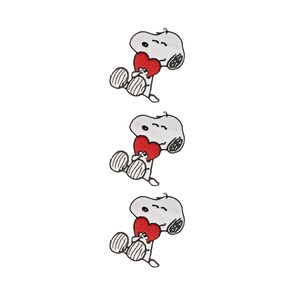 May include: Three identical embroidered patches featuring a white cartoon dog with black outlines, closed eyes, and a smiling expression. The dog is sitting and holding a bright red heart against its chest with both front paws.