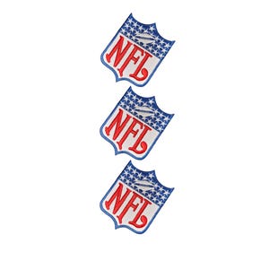 May include: Three identical shield-shaped embroidered patches featuring the NFL logo. Each patch has a white background, red lettering, and a blue top section decorated with white stars and a small football icon, all outlined in blue thread.