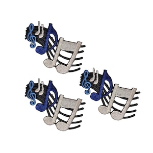 May include: Embroidered patches featuring musical notes and treble clefs. The patches have a blue, black, and white color scheme. The musical notes are in a light gray color, and the treble clef is blue.