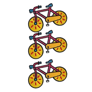 May include: Three embroidered bicycle patches. Each bicycle has a magenta frame, yellow wheels with red accents, a yellow seat, and blue handlebars and seat. These patches are suitable for clothing or craft projects.
