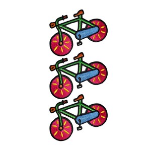 May include: Three embroidered bicycle patches. Each patch features a green frame, orange handlebars and seat, blue seat, and pink wheels with yellow spokes. The patches are arranged vertically against a white background.