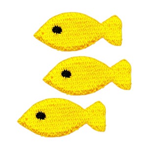 May include: Three yellow embroidered fish patches with black eye details. The fish have a textured appearance and are arranged against a white background. These patches are suitable for various craft projects.