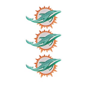 May include: Three identical embroidered patches arranged vertically. Each patch features a teal dolphin leaping in front of a stylised orange sunburst. The design is circular with a white centre, showcasing detailed stitching and vibrant colours.