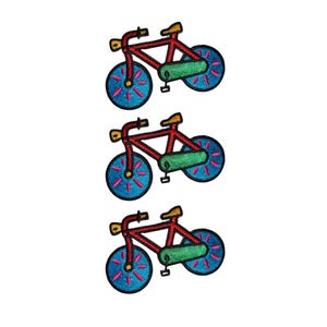 May include: Three embroidered patches of a red bicycle with blue wheels and a green seat. The wheels have pink spokes and the handlebars and seat are yellow. The patches are on a white background.