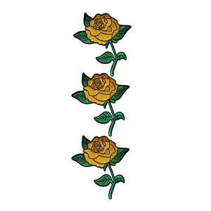 May include: Three embroidered patches of yellow roses with green leaves and stems. The roses have detailed petals and are set against a white background. Each rose is a different size.
