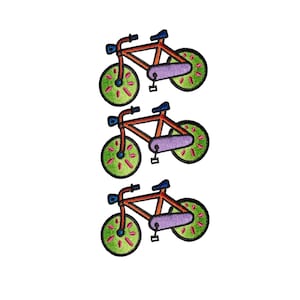 May include: Three embroidered bicycle patches. Each patch features a brown frame, purple seat, blue handlebars, and green wheels with pink accents. The patches are arranged vertically on a white background.