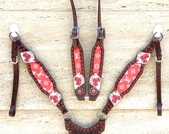 Conjunto de pechera y cabezada estilo western con diseño de naipes / Accesorios de equitación de casino rojos / Conjunto de brida de rodeo