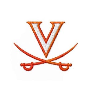 May include: Embroidered patch featuring the University of Virginia logo. The design includes a white and orange letter "V" over two crossed sabers in orange. The patch is on a white background.