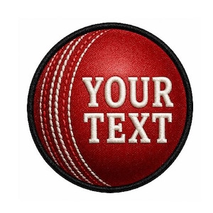 May include: A red cricket ball with white stitching and the text "YOUR TEXT" in white. The ball has a black border and is set against a white background. This image is ideal for sports-themed designs.