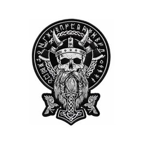 May include: Black and white Viking skull patch. The design features a skull wearing a horned helmet, a long beard, and a hammer. The skull is surrounded by runes and axes.