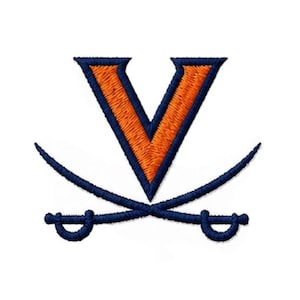 May include: Embroidered patch featuring the letter "V" in orange with a navy blue outline, and crossed navy blue sabers. The patch is likely for apparel or accessories, representing a team or organization.