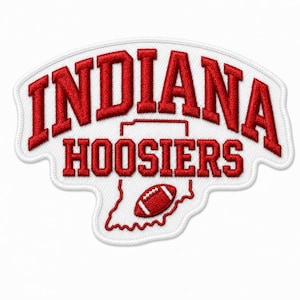 May include: Embroidered patch featuring the word "INDIANA" arched across the top in red, with "HOOSIERS" below in red block letters. A red football and the outline of Indiana are at the bottom. The patch has a white background and a white stitched border.