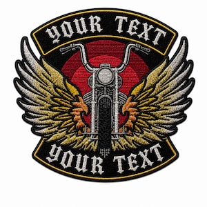 May include: Embroidered patch featuring a motorcycle with wings, set against a red circular background. The design includes the text "YOUR TEXT" in a gothic font, framed by a black and gold border. The wings are gold and white.