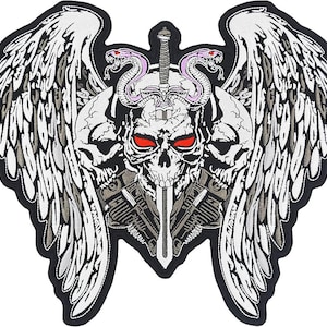 May include: Embroidered patch featuring a skull with red eyes, a sword, and two snakes. The skull is flanked by two additional skulls and large white wings with gray shading. The patch has a black border.