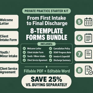 Könnte beinhalten: Ein Private Practice Starter Kit mit 8 Vorlagen auf dunkelgrünem Hintergrund. Enthält Begrüßungsschreiben, Klientenaufnahmeformular, Jugendaufnahme, Dienstleistungsvereinbarung, Stornierungsrichtlinie, SOAP-Verlaufsnotiz, Rechnung & Superbill sowie Entlassungsbericht. Als ausfüllbare PDF- und bearbeitbare Word-Dateien.