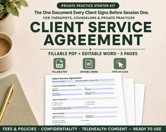 Therapist Client Service Agreement Template | Informed Consent, Policies (PDF, Word)
