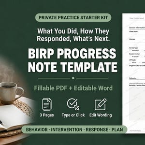 Może przedstawiać: Cyfrowy szablon dokumentu zatytułowany Private Practice Starter Kit oraz BIRP Progress Note Template. Tekst zawiera napisy What You Did, How They Responded, What's Next, Fillable PDF + Editable Word, 3 Pages, Type or Click oraz Edit Wording.