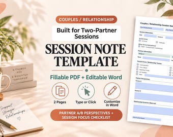 Couples Therapy Session Note Template, Relationship Counseling Progress Note, Fillable PDF + Editable Word, Therapist Documentation