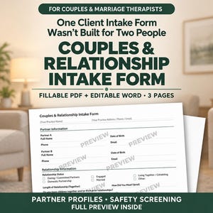 Op de afbeelding: Een driepaginalang intakeformulier voor koppels en relaties, beschikbaar als invulbaar PDF en bewerkbaar Word-document. Het formulier bevat secties voor partnerinformatie, relatiestatus en veiligheidsscreening voor therapeuten.