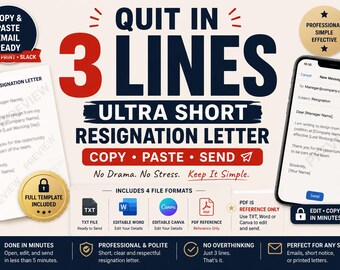 3-Line Resignation Letter Template | Copy Paste Email (Word, Canva Editable)