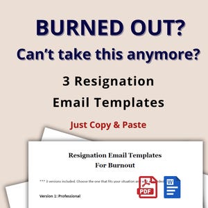 Puede incluir: Imagen con texto: "BURNED OUT? Can't take this anymore? 3 Plantillas de correo electrónico de renuncia. Just Copy & Paste." Se ve un documento titulado "Plantillas de correo electrónico de renuncia para el agotamiento", con iconos PDF y Word.