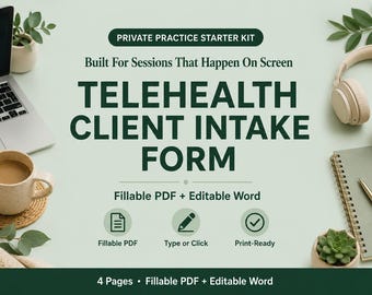 Telehealth Client Intake Form | Therapy Consent, Risk Assessment (PDF + Word)