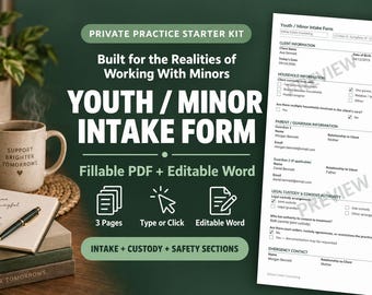 Youth Intake Form Template, Minor Client Counseling Form, Child Therapy, Guardian Consent, Fillable PDF & Editable Word