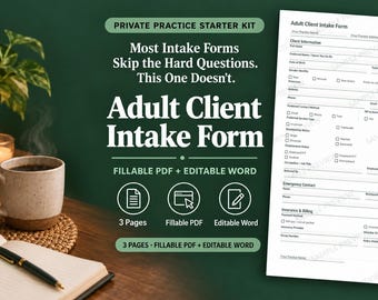 Adult Client Intake Form for Therapists, Fillable PDF & Editable Word, Counseling Private Practice Template, Printable Intake Form