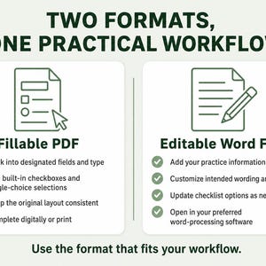 May include: An informational graphic titled TWO FORMATS, ONE PRACTICAL WORKFLOW. It displays two options: a Fillable PDF with a document icon and four bullet points, and an Editable Word File with a document and pencil icon and four bullet points.