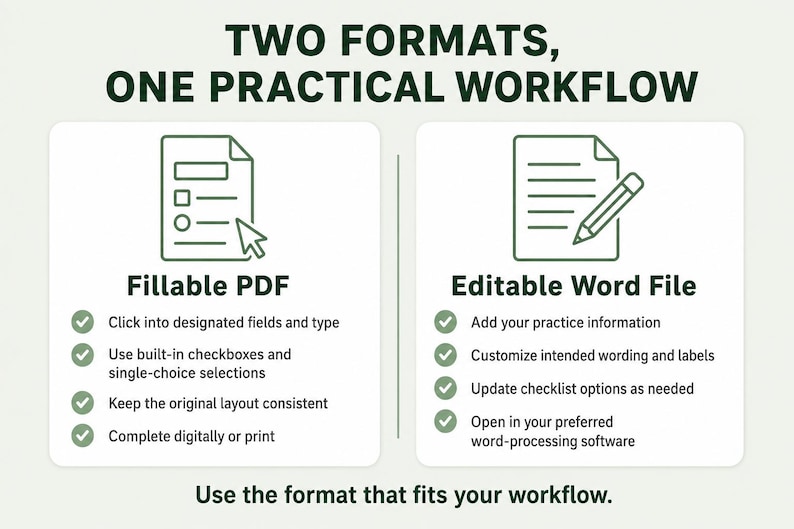 May include: An informational graphic titled TWO FORMATS, ONE PRACTICAL WORKFLOW. It displays two options: a Fillable PDF with a document icon and four bullet points, and an Editable Word File with a document and pencil icon and four bullet points.