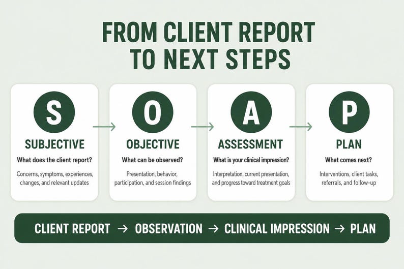 May include: An educational infographic titled FROM CLIENT REPORT TO NEXT STEPS featuring the SOAP acronym. Four white rounded rectangles contain the letters S, O, A, and P in dark green circles, with descriptive text for Subjective, Objective, Assessment, and Plan.