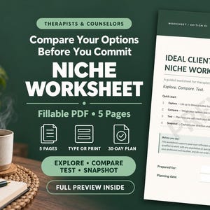 May include: A digital worksheet for therapists and counselors titled Ideal Client & Niche Worksheet. The document is a fillable 5-page PDF featuring sections for exploring, comparing, and testing niche options, including a 30-day plan.