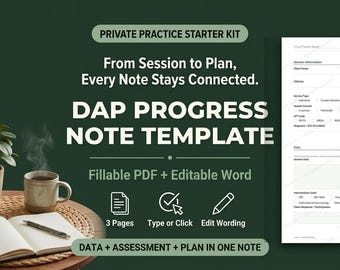 DAP Progress Note Template for Therapists | Fillable PDF & Editable Word Session Note