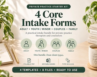 Therapy Intake Forms Bundle – Adult, Youth, Couples, Family (Fillable PDF, Editable Word)