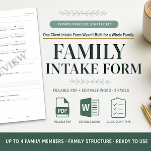 Puede incluir: Una plantilla digital de formulario de admisión familiar para consulta privada, con un diseño de dos páginas que incluye secciones para información de miembros de la familia, motivos de derivación y estructura familiar.