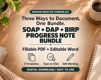 SOAP, DAP, BIRP Progress Note Bundle for Therapists (Digital Download - pdf, word)