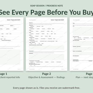 May include: Three white pages of a SOAP session progress note template. Page one includes client information and subjective sections. Page two covers objective and assessment data. Page three details the plan, interventions, and signature lines.