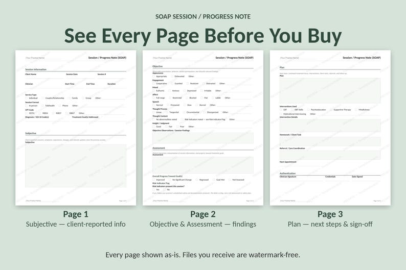 May include: Three white pages of a SOAP session progress note template. Page one includes client information and subjective sections. Page two covers objective and assessment data. Page three details the plan, interventions, and signature lines.