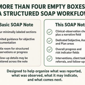 May include: An infographic titled MORE THAN FOUR EMPTY BOXES&mdash;A STRUCTURED SOAP WORKFLOW. It compares A Basic SOAP Note with four red X marks against This SOAP Note with four green check marks, detailing clinical documentation features and benefits.