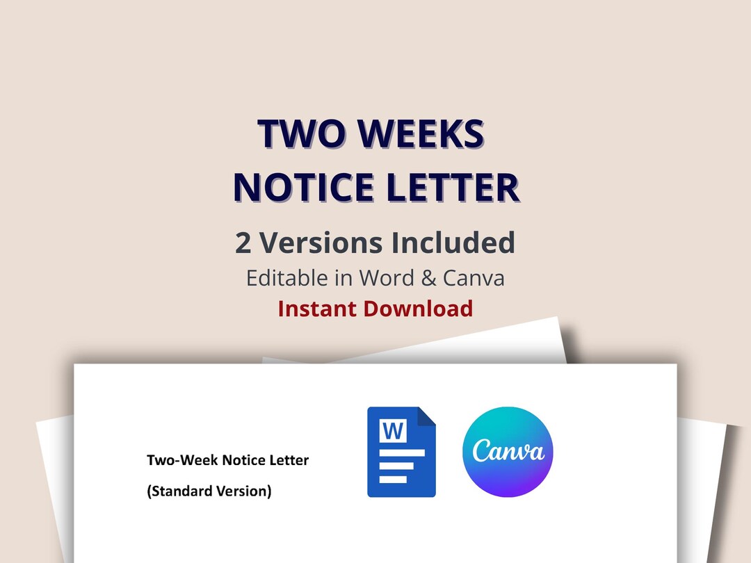 Two Weeks Notice Letter Template, 2 Versions, Editable Word/canva ...