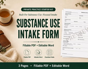 Substance Use Intake Form | Therapist Client Template (PDF + Word)