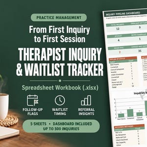 Könnte beinhalten: Eine digitale Arbeitsmappe zur Nachverfolgung von Therapeutenanfragen und Wartelisten im .xlsx-Format. Das Dashboard zeigt eine Pipeline, Statuszählungen und ein Balkendiagramm, mit 5 Tabellenblättern für bis zu 500 Anfragen.
