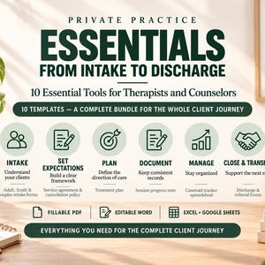 May include: A digital bundle titled Private Practice Essentials From Intake To Discharge, featuring 10 templates for therapists. The graphic displays icons for intake, expectations, planning, documentation, management, and discharge, with file formats listed.