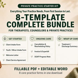 May include: A Private Practice Starter Kit 8-template complete bundle for therapists, counselors, and private practices. Includes fillable PDF and editable Word documents for client intake, ongoing care, and wrap-up care forms in one download.
