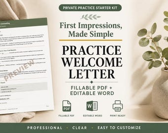 Therapist Welcome Letter, Fillable PDF + Editable Word (Private Practice Starter Kit)