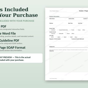 May include: A digital document template for a Session/Progress Note in SOAP format. The text includes What's Included With Your Purchase, Fillable PDF, Editable Word File, Usage Guideline PDF, and Three-Page SOAP Format. A preview of the form is shown.