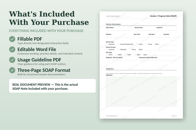 May include: A digital document template for a Session/Progress Note in SOAP format. The text includes What's Included With Your Purchase, Fillable PDF, Editable Word File, Usage Guideline PDF, and Three-Page SOAP Format. A preview of the form is shown.