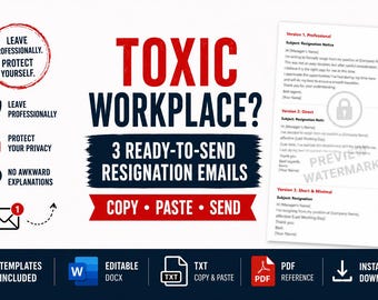 Toxic Workplace Resignation Email Templates, Quit Job Professionally, Burnout Resignation Letter, Immediate Exit Template
