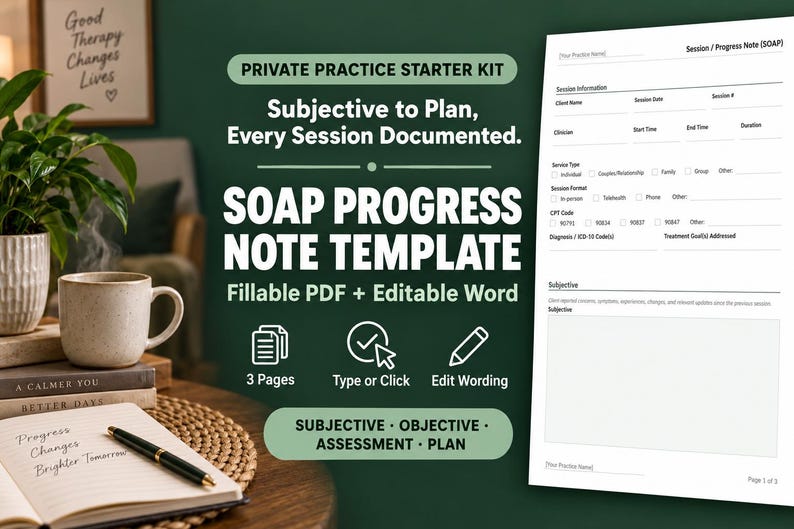 May include: A digital SOAP progress note template for private practice, available as a fillable PDF and editable Word document. The document includes sections for session information, CPT codes, and SOAP notes, spanning three pages for documentation.