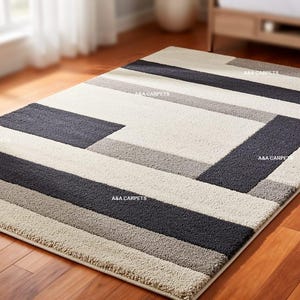 Handmade Geometric Wool Area Rug – Modern Neutral Blocks Design, Soft Plush Finish for Living Room & Bedroom